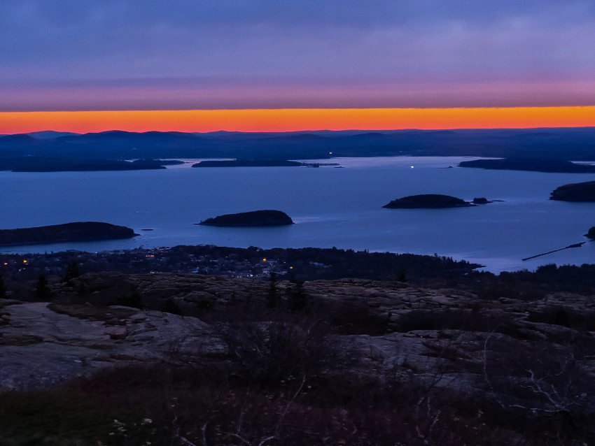 Sunrise over Frenchman Bay as seen from Cadillac Mountain Summit, Acadia National Park, Maine