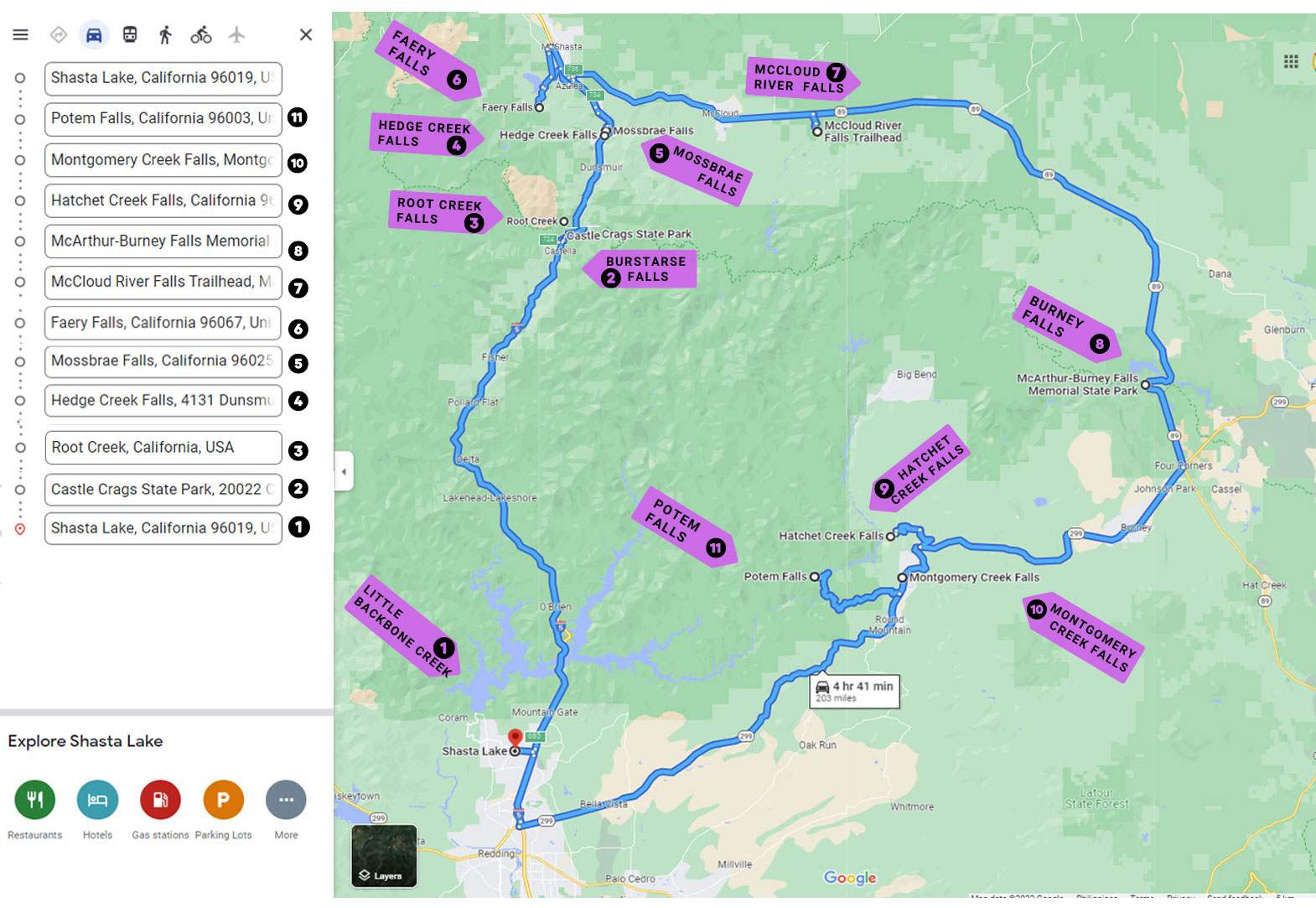 Northern California waterfalls map